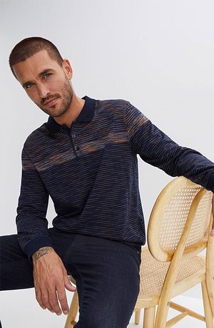 Uomo - Polo a maniche lunghe - Blu notte a righe
