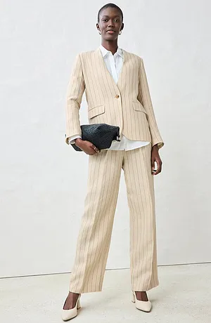 Donna - Blazer senza colletto in puro lino - Sabbia a righe