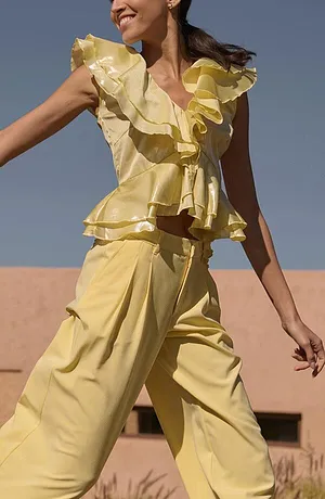 Donna - Blusa lucida con volant - Giallo chiaro