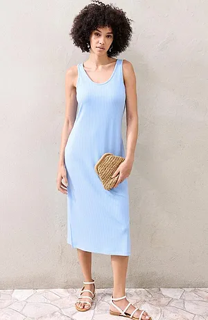 Donna - Abito midi a coste morbide - Azzurro