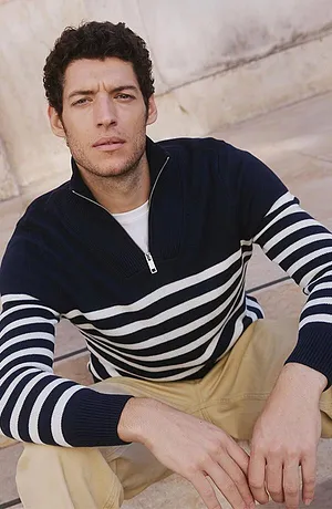 Uomo - Maglione con mezza zip regular fit - Blu scuro / bianco panna a righe