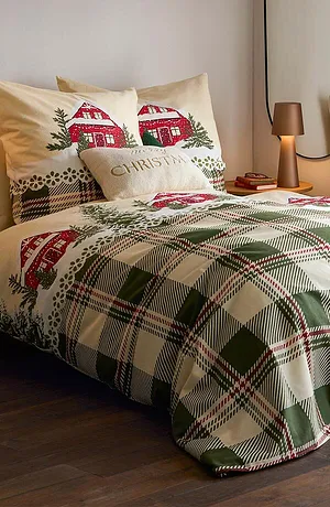 Casa - Biancheria da letto a quadri con casette - Verde / crema