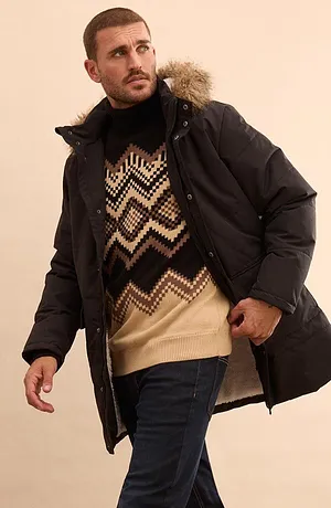 Uomo - Parka invernale con fodera teddy e cappuccio staccabile - nero