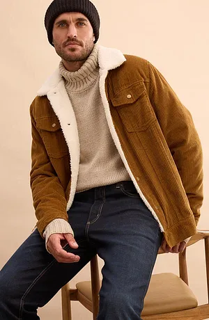 Uomo - Giacca in velluto a coste con fodera teddy - Marrone cognac