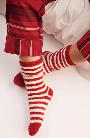 Donna - Calzini morbidissimi (pacco da 2 paia) - Rosso scuro / bianco a righe + rosso scuro