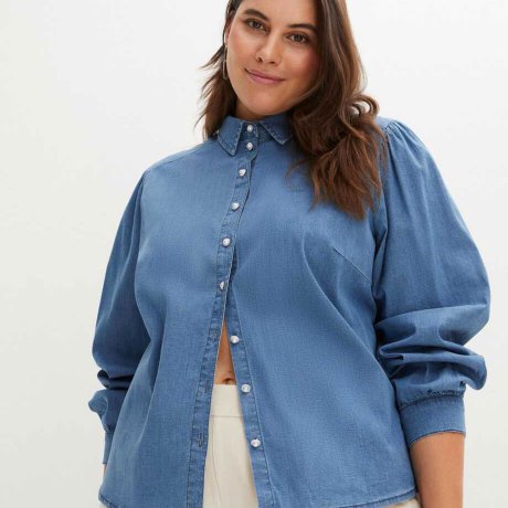 Donna - Camicia di jeans con maniche a sbuffo - Blu denim