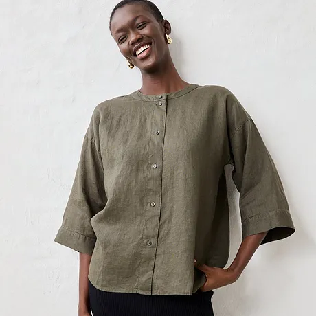 Donna - Blusa oversize in puro lino - Verde oliva scuro