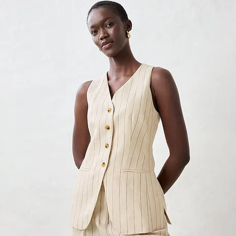 Di tendenza - Gilet lungo in puro lino - Sabbia a righe