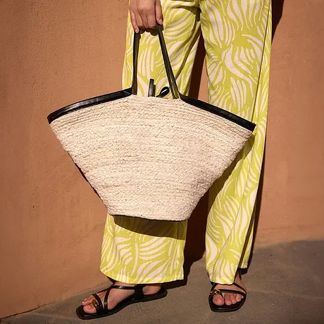 Donna - Borsa shopper di paglia - Ecru / nero