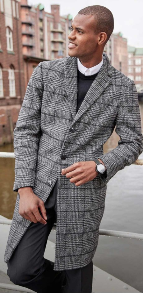 Uomo - Cappotto corto in simil lana - Nero / grigio chiaro a quadri
