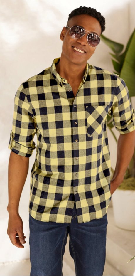 Uomo - Camicia a maniche lunghe con lino - Blu scuro / giallo chiaro a quadri