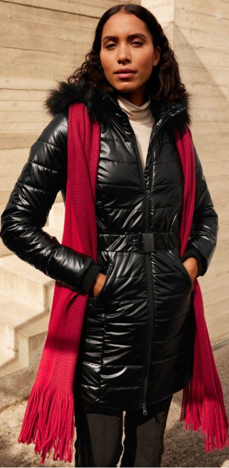 Donna - Giubbotto invernale con cintura - Nero lucido