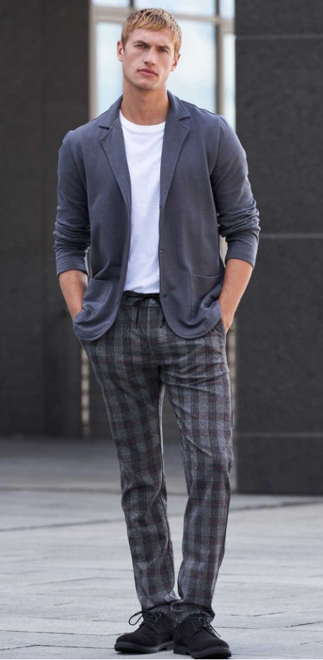 Uomo - Pantaloni chino con elastico in vita slim fit, straight - Antracite melange a quadri
