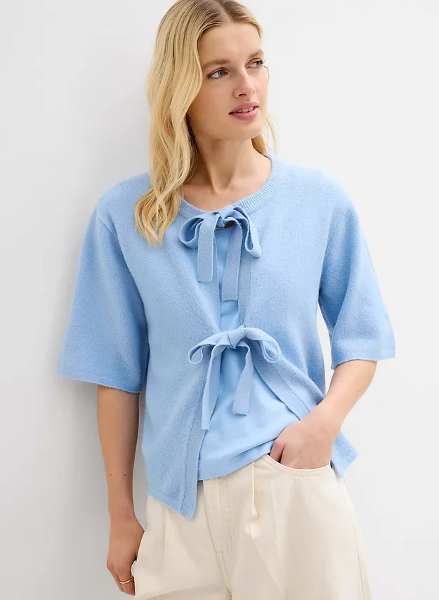 Di tendenza - Cardigan in filato fine con fiocchetti - Azzurro