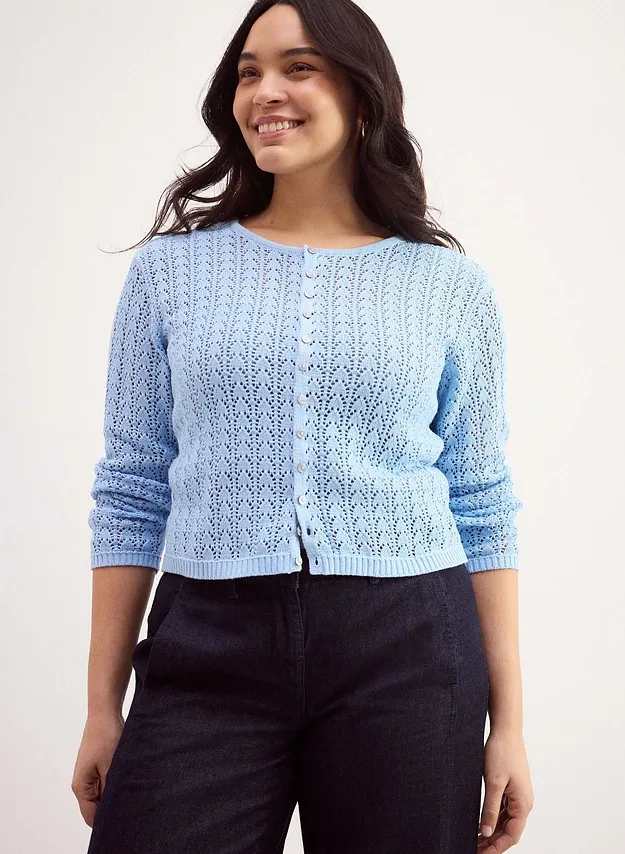 Donna - Cardigan traforato in puro cotone - Azzurro