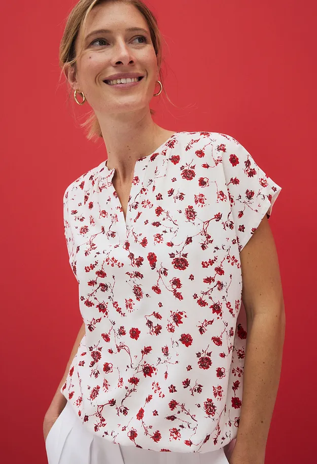 Donna - Tunica in viscosa fluente - Bianco panna a fiori