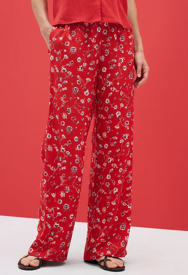 Donna - Pantaloni con elastico in vita in viscosa fluida - Fragola a fiori