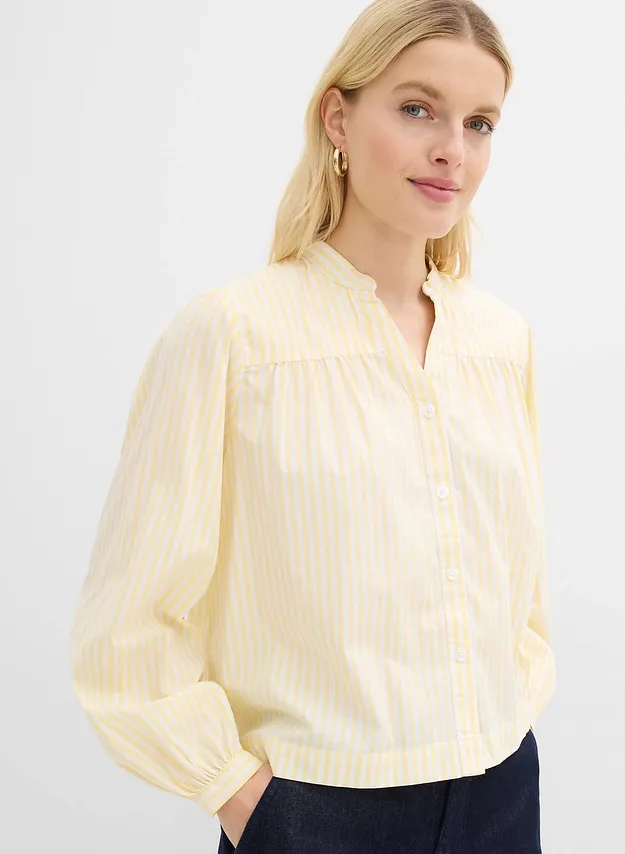 Donna - Blusa in popeline consistente - Giallo chiaro / bianco a righe