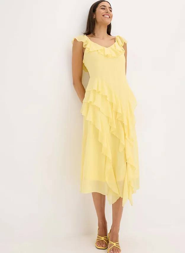 Donna - Abito di chiffon con spalline e volant - Giallo chiaro