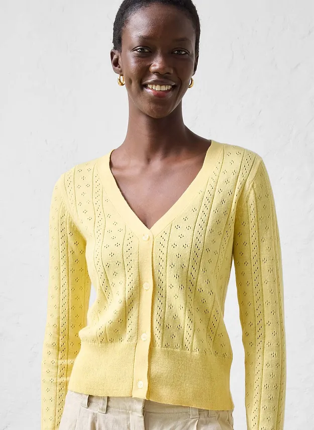 Donna - Cardigan traforato in misto seta - Giallo chiaro