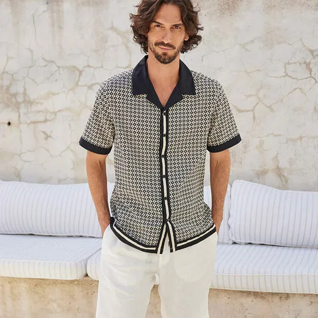 Uomo - Camicia a maniche corte in misto lino - Beige ghiaia / nero fantasia grafica