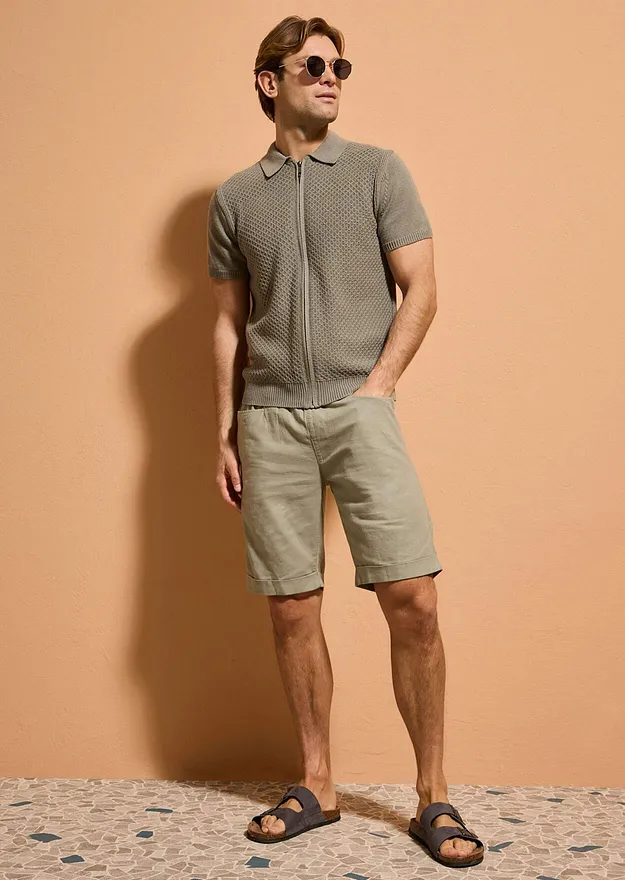 Uomo - Polo in maglia di puro cotone con cerniera - Verde oliva scuro