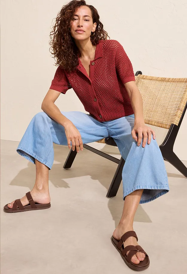 Donna - Jeans wide leg con cinta comoda, vita media - Azzurro denim used