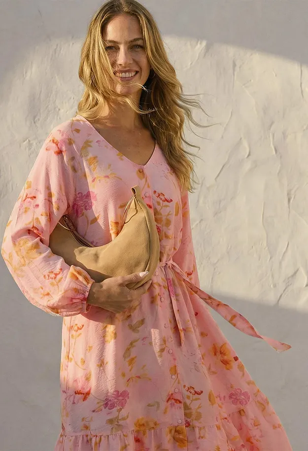 Donna - Abito midi in misto viscosa morbido - Rosa / fucsia floreale