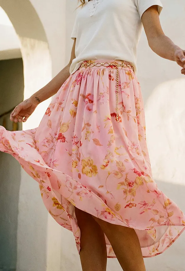 Donna - Gonna lunga in cr&ecirc;pe leggero - Rosa / fucsia floreale