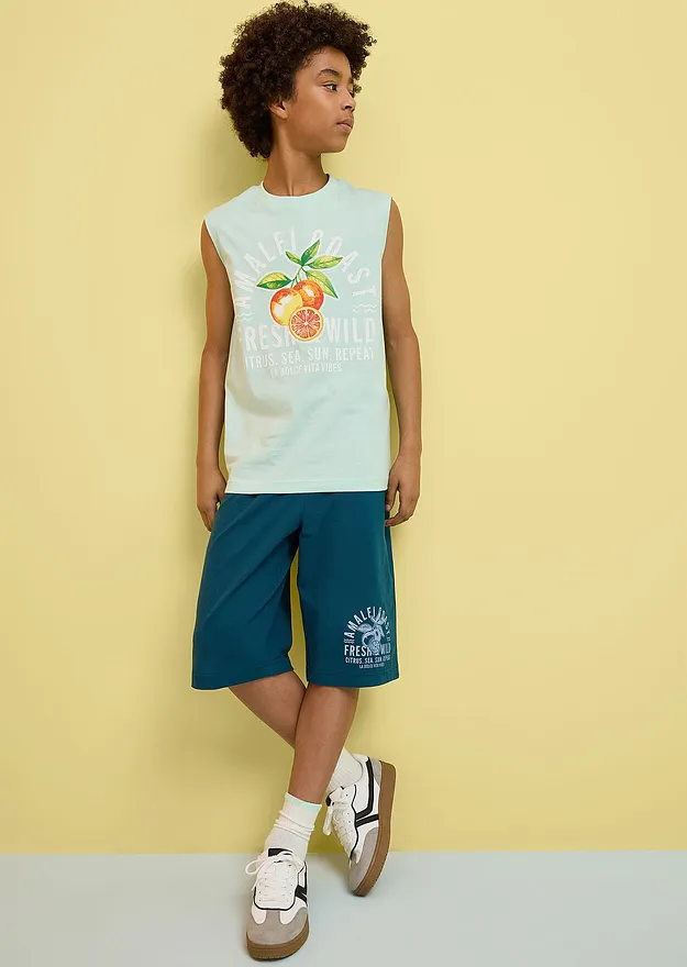 Bambini - T-shirt e pantaloni corti in puro cotone biologico (set 2 pezzi) - Menta chiaro / petrolio scuro con stampa
