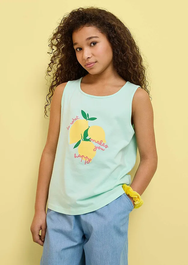 Bambini - Top in puro cotone biologico (pacco da 3) - Menta chiaro + bianco panna + rosa pallido con stampa
