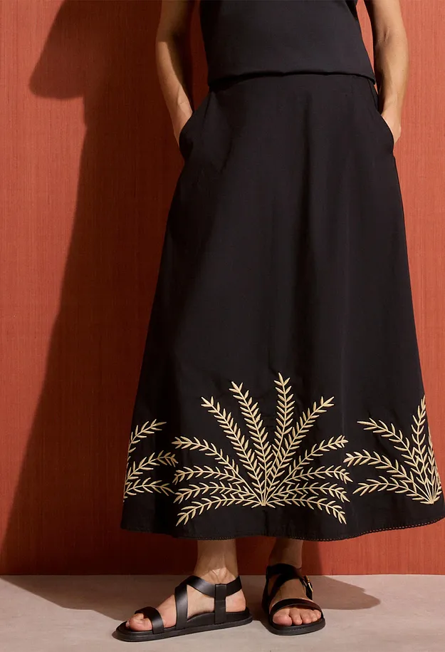 Donna - Gonna lunga con ricamo - Nero / sabbia