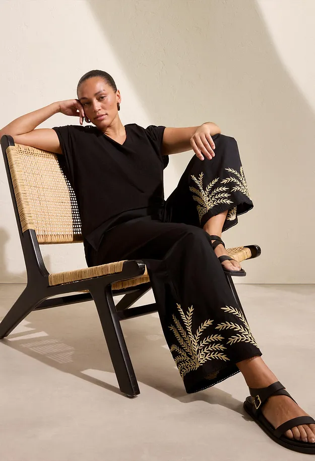 Di tendenza - Pantaloni a palazzo con ricami - Nero / sabbia