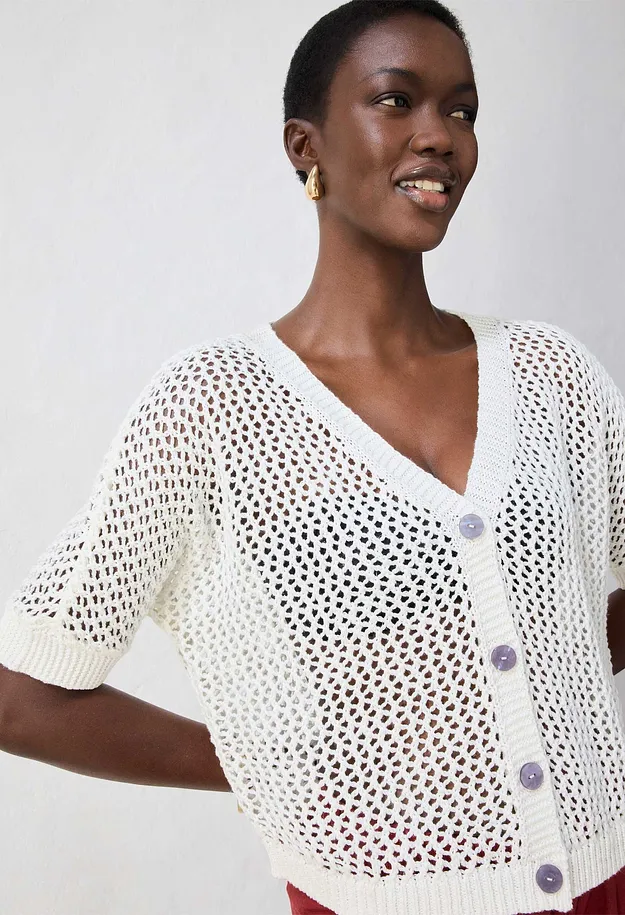 Donna - Cardigan traforato in misto lino - Bianco panna