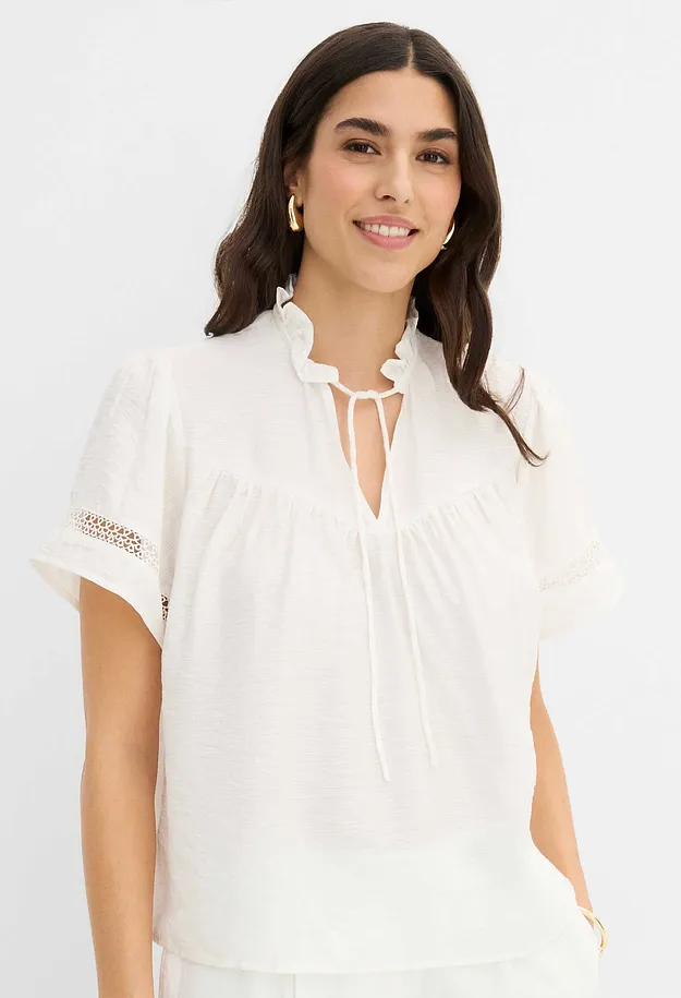 Di tendenza - Camicetta a maniche corte con inserto in pizzo - Bianco perla