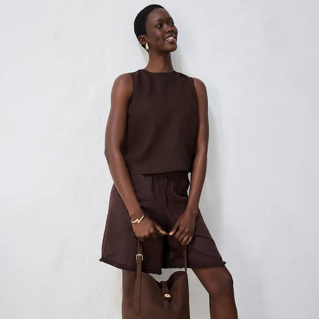 Donna - Top corto in puro lino - Marrone scuro