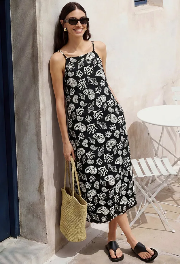 Donna - Abito midi in misto viscosa con fantasia allover - Nero / bianco panna fantasia