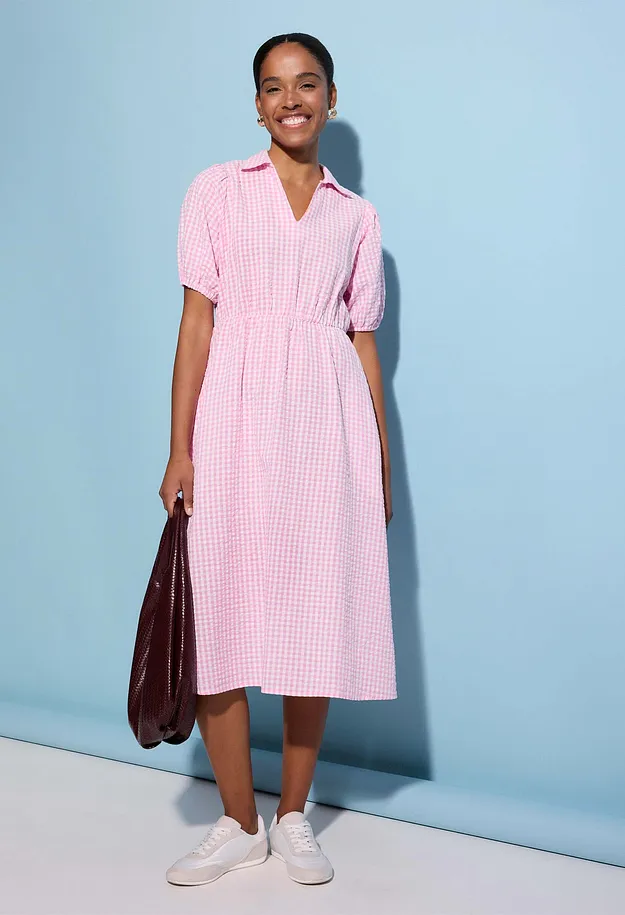 Donna - Abito midi in puro cotone - Rosa a quadri