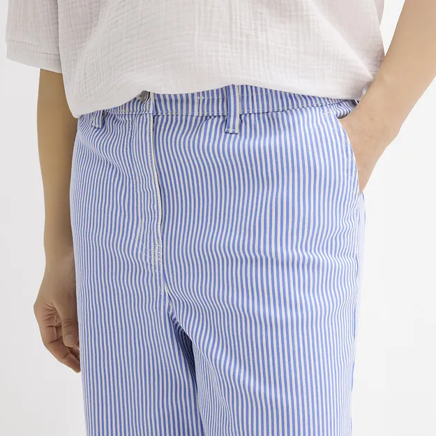 Di tendenza - Pantaloni barrel con cinta comoda, vita alta - Blu medio / bianco panna a righe