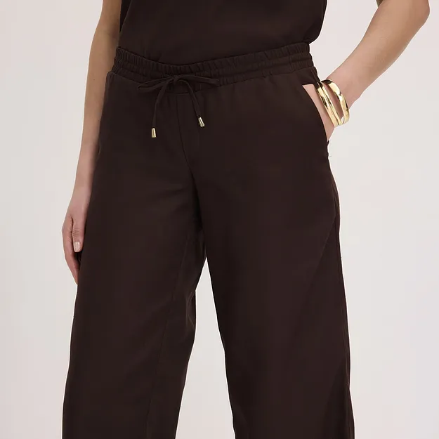 Donna - Pantaloni larghi in misto lino - Marrone scuro