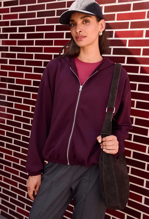 Donna - Felpa con zip, cappuccio e fondo a palloncino - Bordeaux