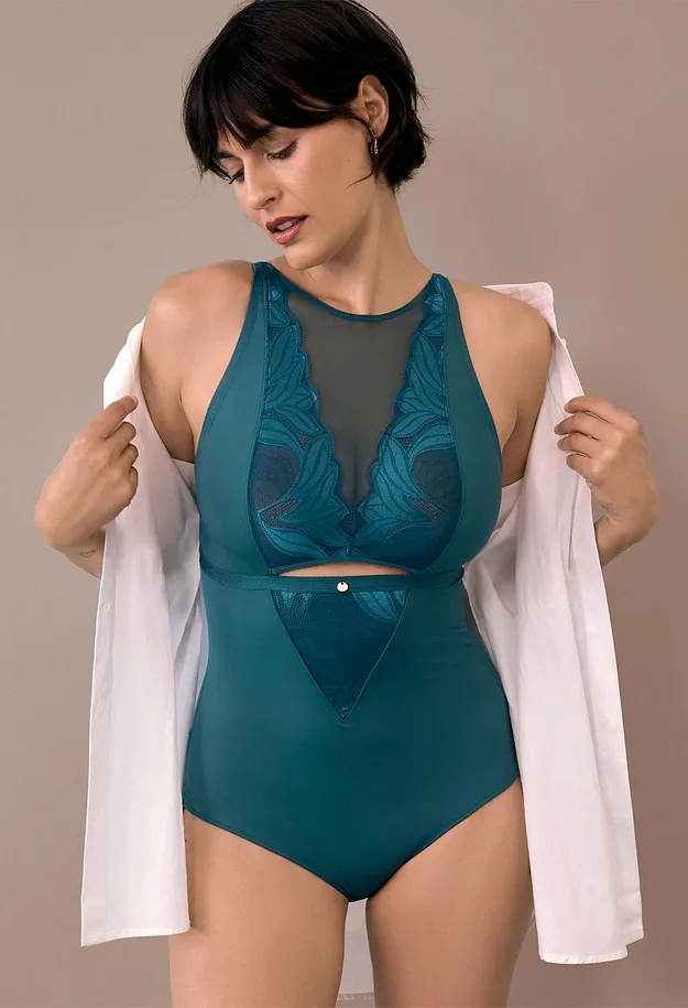 Donna - Body con pizzo ed effetto modellante medio - Verde bluastro