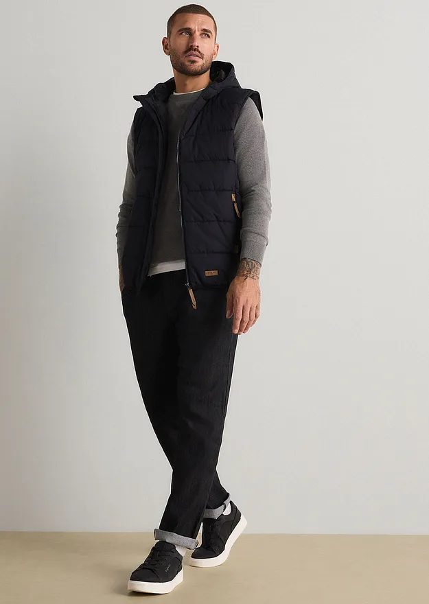 Uomo - Gilet trapuntato con cappuccio e dettagli in similpelle - Nero