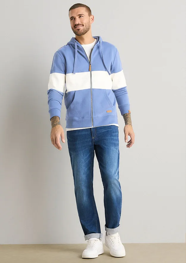 Uomo - Felpa regular fit con zip e cappuccio - Blu jeans / bianco panna a righe