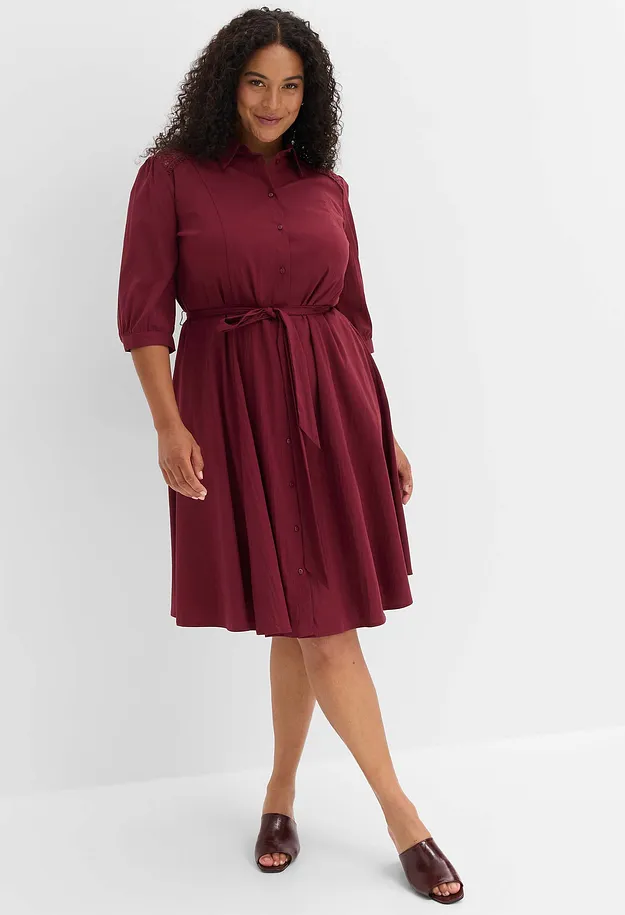 Donna - Abito chemisier in popeline di misto cotone - Rosso scuro