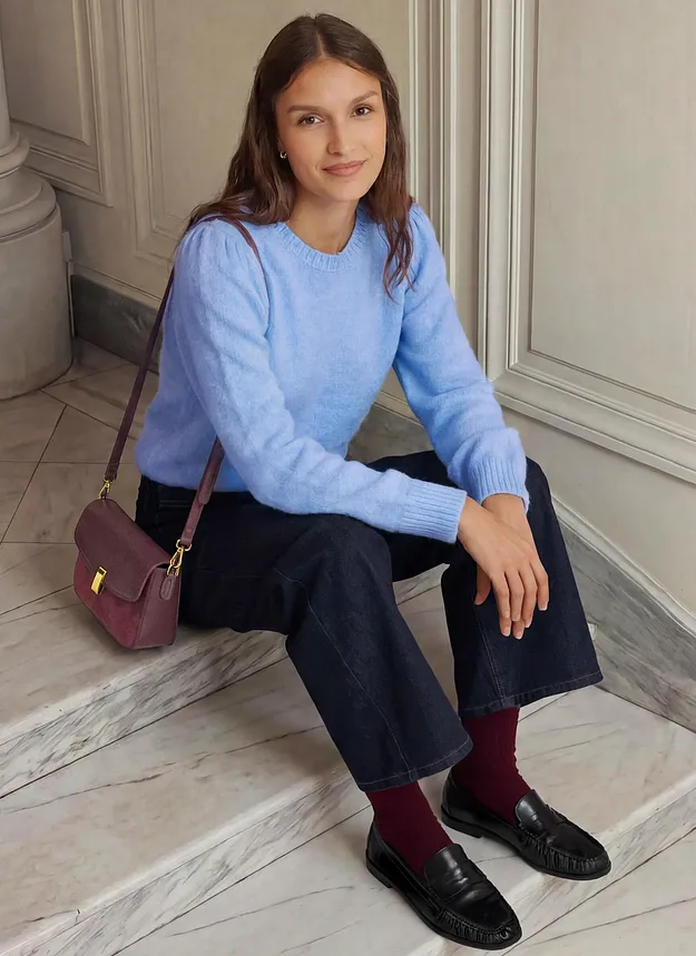 Donna - Maglione con maniche a sbuffo - Blu perlato melange