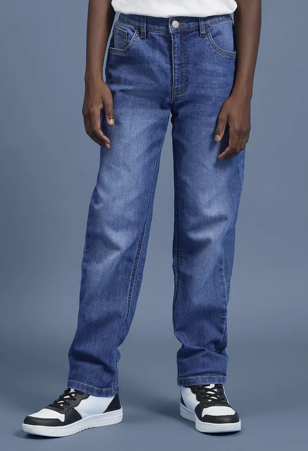 Bambini - Jeans elasticizzati con vita regolabile, regular fit straight - Blu denim