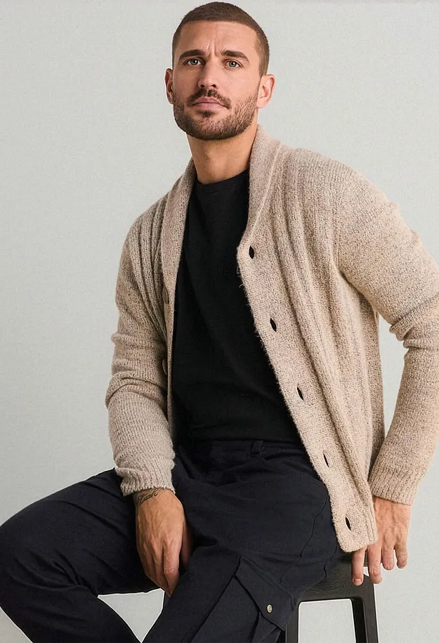 Look casual: cardigan beige, maglietta nera e pantaloni cargo blu scuro.