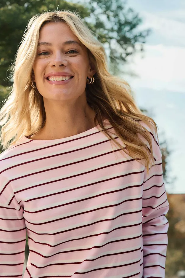 Donna - Maglia a maniche lunghe in puro cotone biologico - Bianco / rosa pallido / rosso rubino