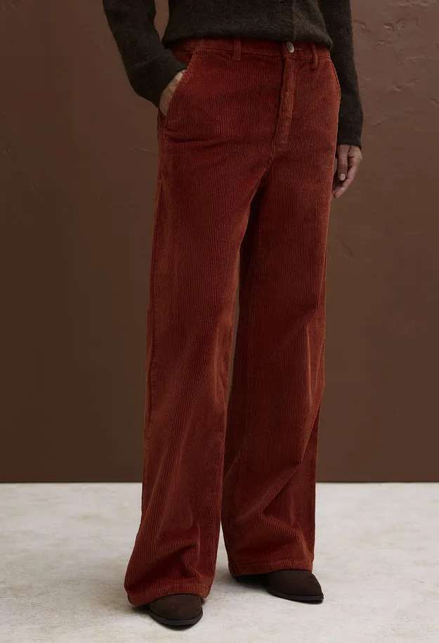 Indossa un cardigan a fantasia sopra una camicia bianca e un paio di pantaloni di velluto a coste arancioni.